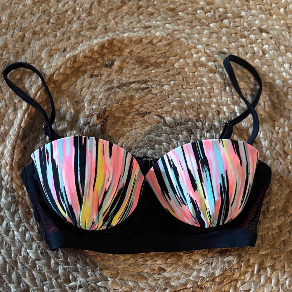 Striped Neon Accent Push-Up Bikini Top - Black